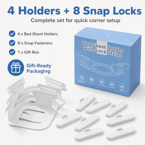 Bed Sheet Holders for Corners, 4 Pack Fitted Sheet Grippers with 8 Locks | 4 Holders + 8 Fasteners, Non-Slip Sheet Clips, Snap Lock Design,Easy Install, Universal For Home Hotel Kid Bed