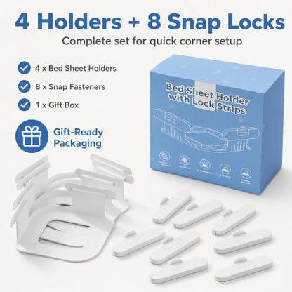 Bed Sheet Holders for Corners, 4 Pack Fitted Sheet Grippers with 8 Locks | 4 Holders + 8 Fasteners, Non-Slip Sheet Clips, Snap Lock Design,Easy Install, Universal For Home Hotel Kid Bed