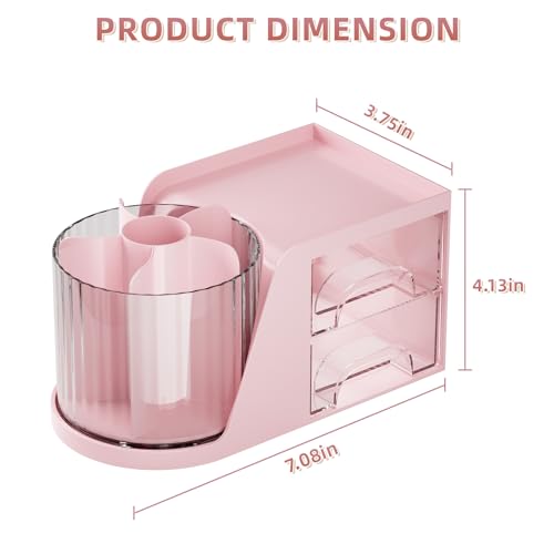Marbrasse Desk Organizer with 2 Drawer, 360°Rotating Pen Holder, Desk Organizers and Accessories with 6 Slots Pencil Organizer + 2 Drawer, Art Supply Storage Box Caddy for Office (Pink)