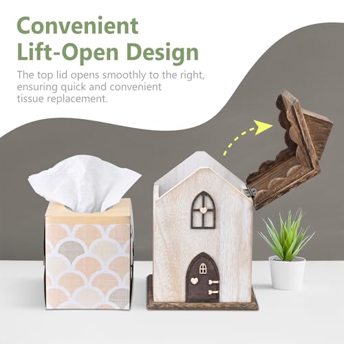 Ikee Design Farmhouse Wooden Square Tissue Box Cover, Brown Color | FARMHOUSE TISSUE COVER: House-shaped wooden holder for bathrooms, bedrooms, and living rooms; 5.8"W x 5.8"D x 8.2"H.