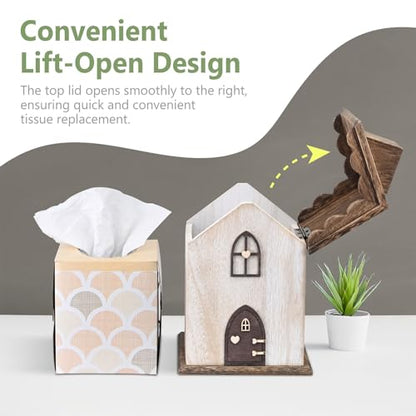 Ikee Design Farmhouse Wooden Square Tissue Box Cover, Brown Color | FARMHOUSE TISSUE COVER: House-shaped wooden holder for bathrooms, bedrooms, and living rooms; 5.8"W x 5.8"D x 8.2"H.