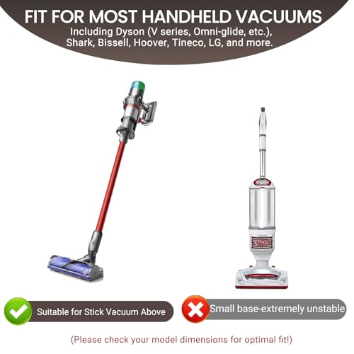 No Installation Required Vacuum Stand for Most Stick Vacuum,Black | No-drill freestanding metal holder. Heavy base prevents tipping. Fits most cordless stick models. Stores attachments neatly.