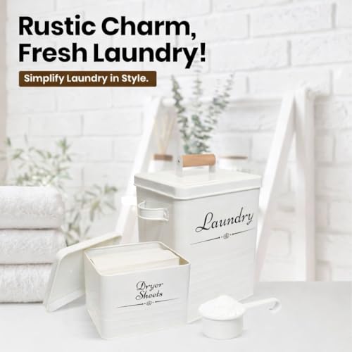 Farmhouse Metal Laundry Pods Container with Dryer Sheet Holder for Organization and Storage, Laundry Room Decor - Holds 156 Pods and 300 Sheets (White)