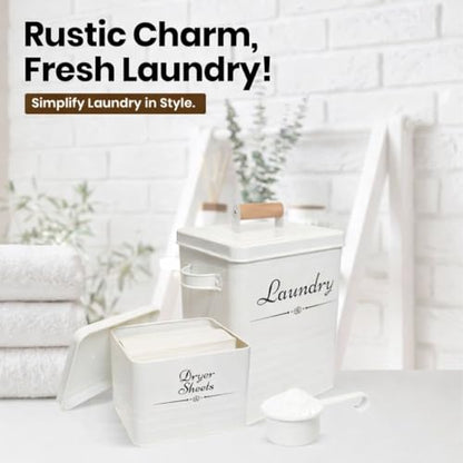 Farmhouse Metal Laundry Pods Container with Dryer Sheet Holder for Organization and Storage, Laundry Room Decor - Holds 156 Pods and 300 Sheets (White)