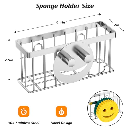 Sponge Holder Smiley Face,Sink Caddy for Kitchen Sink,Sponge Holder with 2 PCS Suction Cups/1 PCS Adhesive Strips,Designed for Sponge,Soap,Dish Brush,Scrubber-Silver