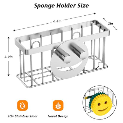 Sponge Holder Smiley Face,Sink Caddy for Kitchen Sink,Sponge Holder with 2 PCS Suction Cups/1 PCS Adhesive Strips,Designed for Sponge,Soap,Dish Brush,Scrubber-Silver