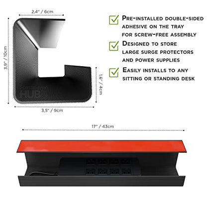No-Screw Under Desk Cable Management Tray - Self-Adhesive Installation, Cord Management, Cable Tray, Under Desk Wire Organizer - Black Set of 2