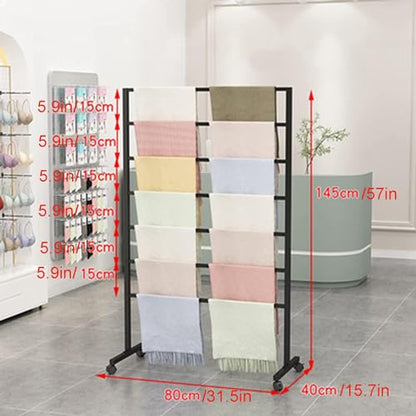Freestanding Scarf Display Stand, Double-Sided Floor Towel Hijab Rack | Black Metal Belt Shawl Scarf Organizer for Boutique Display Commercial Retail Store Home, 360° Rotatable Easy Assembly