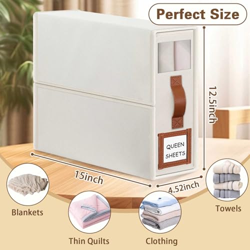 GhvyenntteS Bed Sheet Organizers and Storage 4 Pack (Queen & King Size), Foldable Sheet Organizers and Storage with Window and Label, Bed Sheet Organizer with Leather Handle, Beige