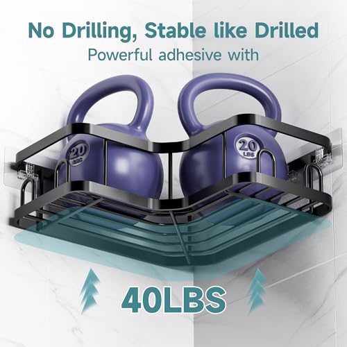 Veken Corner Shower Caddy 3-Pack, Advanced Rustproof Design&Stable Storage | No Drilling Adhesive Shelves, Rack with Soap Holder & Hooks, Thickened Metal Frame, Bathroom Organizers and Storage, Blac