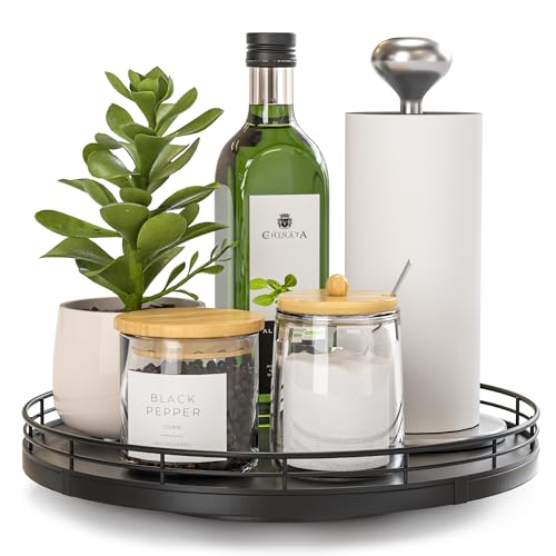 Oroyutor 10-Inch Oak Lazy Susan Countertop Organizer with Black Metal Rail | Rotating oak tray organizes spices, toiletries and decor on kitchen counters, bathroom vanities, dining and coffee tables.