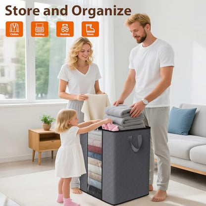 SpaceWhisper 3 Pack 100L Clothes Storage, Foldable Storage Bags, Grey | Thick Fabric, Clear Window, with Reinforced Handle, for Clothing, Blanket, Comforters, Bedding Organizing