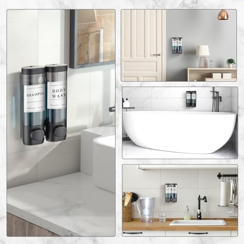 Shampoo and Conditioner Dispenser,Unisense Shower Soap Dispenser 2 Chamber No Drill Wall-Mounted Shampoo Dispenser for Shower Wall Mounted Shower Dispenser for Bathroom Hotel Large Capacity,Black