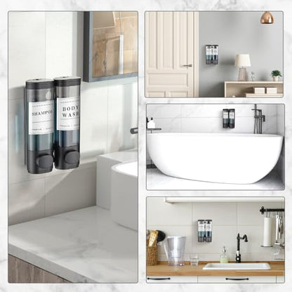Shampoo and Conditioner Dispenser,Unisense Shower Soap Dispenser 2 Chamber No Drill Wall-Mounted Shampoo Dispenser for Shower Wall Mounted Shower Dispenser for Bathroom Hotel Large Capacity,Black