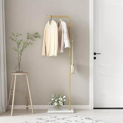 Gold Coat Racks, Metal Coat Racks Freestanding with Crossbar and 3 Hooks, Modern Coat Hanger with Marble Base, L Shaped Coat Stand for Entryway, Bedroom, Living Room, Office