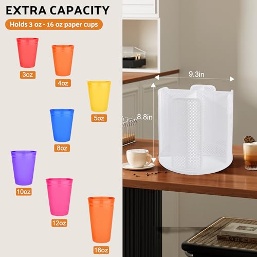 Rotating Paper Cup Dispenser, Cup Holder with 4 Compartments, Disposable Coffee Cup Dispenser Removable, Plastic Cup Storage & Lid Holder for Countertops, Kitchen, Coffee Stations (White)