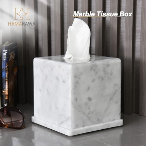 Natural Marble Tissue Box Cover, Carrara White Tissue Organizer 6 x 6 x 5.7 inch, Heavy Stone Decorative Box, Square Tissue Box Holder for Home Decor, Kitchen, Bathroom, Bedroom
