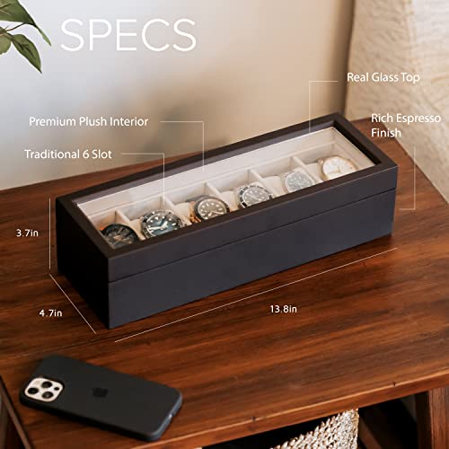CASE ELEGANCE 6-Slot Wood Watch Box with Glass Top - Espresso | Watch Case, solid wood, magnetic closure, pillow stands