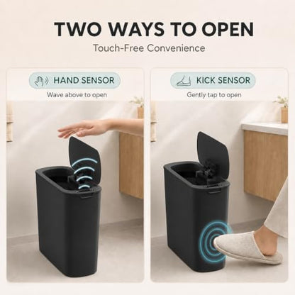 TIPGO Automatic Motion Sensor Bathroom Trash Can with Lid, 2.6 Gallon Touchless Trash Bin, Smart Garbage Can Plastic Slim Wastebasket for Bedroom, Office, Dorm (Black)