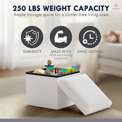 Ornavo Home Small Square Storage Ottoman, Foldable Linen, 12x12x12, White | Collapsible Cube Design; Foot Rest Stool Seat; Ideal for Living Room, Bedroom, Home Office or Dorm
