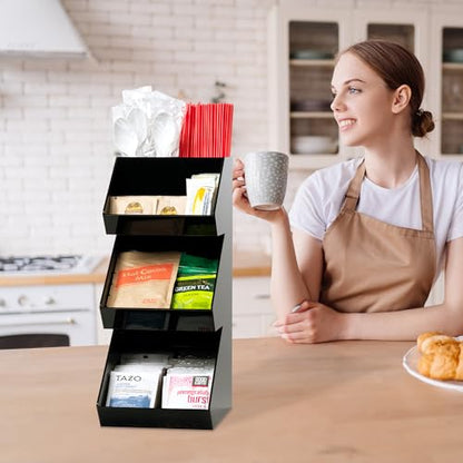 Inevibe Condiment Holder Station and Organizer, 3 Tier Compartments | Black Acrylic Caddy Storage Rack for Condiments, Sauce Packets, and Coffee Stand Display in Bar, Restaurant, Cafe, Home