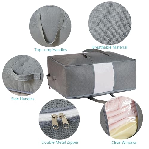 105L Extra Large Storage Bags for Blankets, King Comforters, Bedding, Clothes, Pillows, Sheets - Closet Organizers and Storage with 4 Handles & Clear Window, Foldable & Breathable (Grey, 3pack)