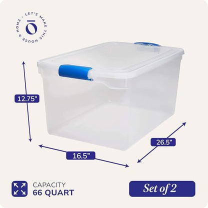 HOMZ Clear Plastic Storage Bins w/Latching Lid, 66 Qt, Blue Latch, 2 Pack | Large Stackable Container Boxes for Homes, Bathrooms, Garages, and Office Organization