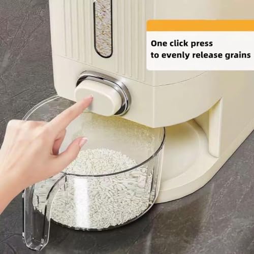 25 Lbs Rice Dispenser, Large Cereal Dry Food Storage Containers with Measuring Cup and Lid,Moisture Proof Airtight Food Dispenser Bucket for Rice,Corn,Coffee Bean,Grain,Soybean and Oatmeal,White