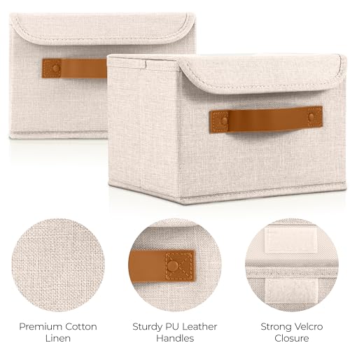 Decorative Linen Storage Boxes with Lids - Spacious Set of 2 Organizer Bins for Your Home Decor - The Perfect Small Container to Safely Store Photos, Documents and Memory Box Keepsakes in Style