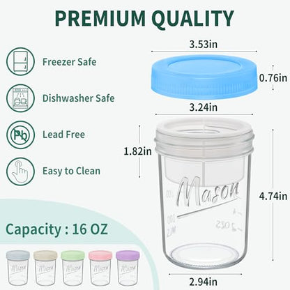 16oz Overnight Oats Containers with Lids, 6 Pack Glass Mason Jars
