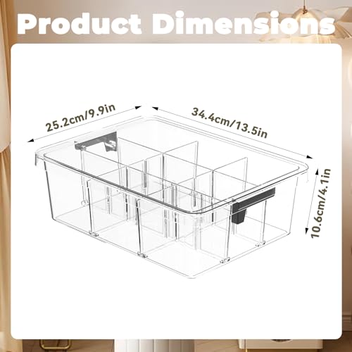 Socks Bra Underwear Drawer Organizer for Closet, 2 PCS Plastic Storage Box with 9 Removable Compartments and Lid, Clear Dresser Drawer Organizer Storage Container with Dividers for Sock Ties Belts