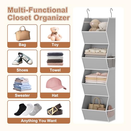 Hanging Closet Organizer 4 Shelf Collapsible Bedroom Closet Organizers and Storage Hanging with Mesh Pockets for Clothes, Fabric Hanging Storage Bins for Wardrobe Closet Organization and Storage, Grey