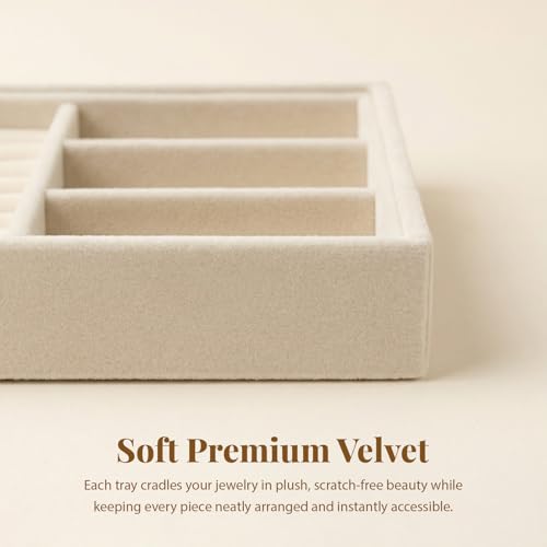 Elsjoy 8 Pack Velvet Jewelry Trays, Stackable Jewelry Organizer Trays for Drawers, Beige Jewelry Storage and Display Tray Inserts for Necklaces, Rings, Earrings