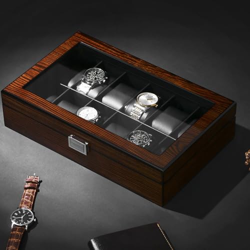 BEWISHOME Watch Case, 12-Slot Watch Box Organizer with Large Glass Lid | Watch Cases for Men, Wooden Watch Boxes, Removable Watch Pillows, Watch Storage, Synthetic Leather Interior, Brown SSH12Y