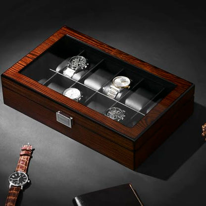 BEWISHOME Watch Case, 12-Slot Watch Box Organizer with Large Glass Lid | Watch Cases for Men, Wooden Watch Boxes, Removable Watch Pillows, Watch Storage, Synthetic Leather Interior, Brown SSH12Y