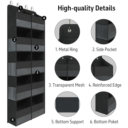Giraffe Creation Black Over Door Organizer with 10 Large Clear Pockets, Double-Row Hanging Door Storage for Closet, Bathroom, Nursery, Bedroom, Dorm, Toys, Cosmetics, Baby Essentials