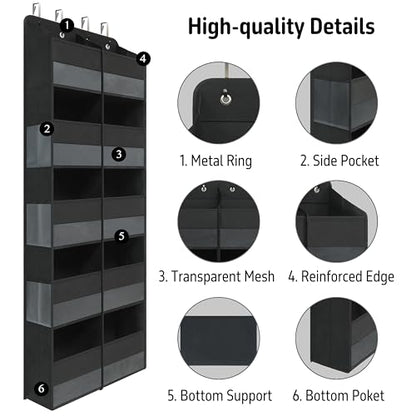 Giraffe Creation Black Over Door Organizer with 10 Large Clear Pockets, Double-Row Hanging Door Storage for Closet, Bathroom, Nursery, Bedroom, Dorm, Toys, Cosmetics, Baby Essentials