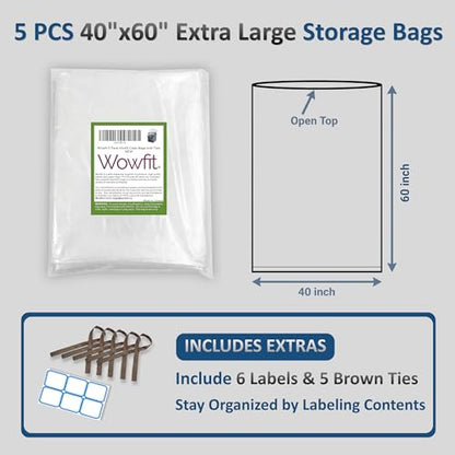 Wowfit Extra Large Storage Bags for Car Seat & Luggage, 40x60, 5 CT, 2 Mil | With Ties & Labels, Clear Flat Plastic, Thick, Patio Cushions, Baby Gear, Christmas Decor, Plants, Attic, Garage, Dust Cover