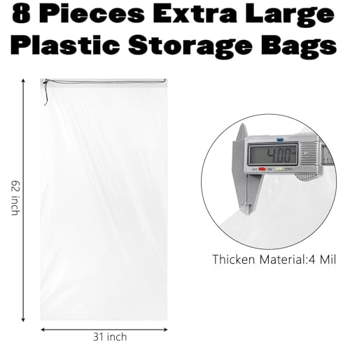 Fasmov 8 Pack 31x62 inches Extra Large Clear Drawstring Plastic Bags, Big Giant Storage Bags, Multi-Purpose Dust Covers Drawstring Plastic Bags for Luggage, Suitcase, Furniture, Reusable