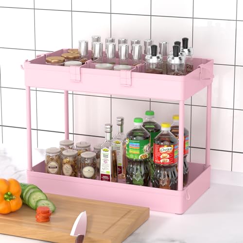 3 Tier Rolling Cart with Wheels, Storage Craft Art Trolley Organizer Serving, 3 Hanging Baskets Easy Assembly, for Office, Living Room, Kitchen, Pink