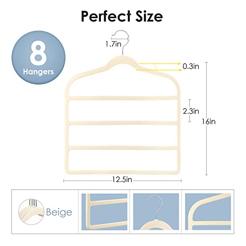 Velvet Hangers Space Saving Non Slip Pant Velvet Hangers Multi Layer Hanger | 8 Pack Beige Clothes Hangers Closet Organizer for Pants Trousers Scarf
