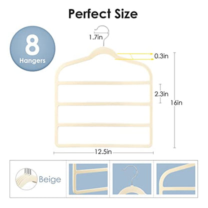 Velvet Hangers Space Saving Non Slip Pant Velvet Hangers Multi Layer Hanger | 8 Pack Beige Clothes Hangers Closet Organizer for Pants Trousers Scarf