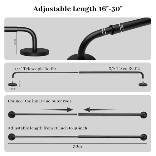 2 Pack Magnetic Curtain Rod for Metal Door, Adjustable 16 to 30 Inch, 1/2 Inch Diameter, French Door Magnetic Curtain Rods with Hooks (Black)