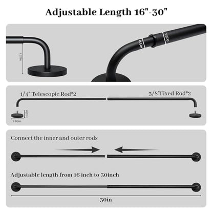 2 Pack Magnetic Curtain Rod for Metal Door, Adjustable 16 to 30 Inch, 1/2 Inch Diameter, French Door Magnetic Curtain Rods with Hooks (Black)