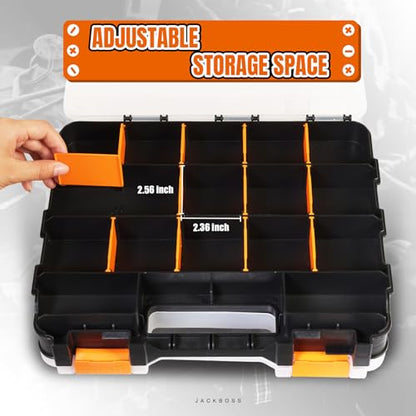Jack Boss Tool Box with Transparent Lid, Double Side 34-Compartments Organizer Box with Removable Dividers for Hardware, Screws, Bolts, Nails, Beads, Jewelry and Fishing Accessories, Orange, 2 Pack