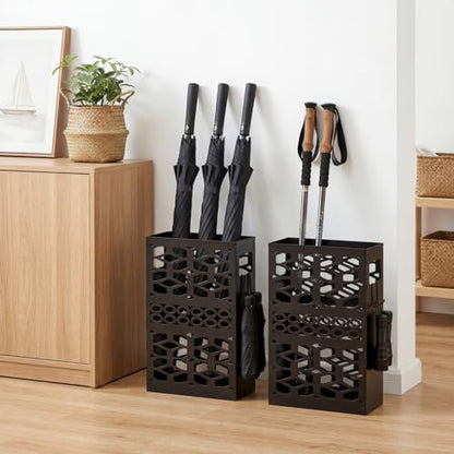 Rectangle Metal Umbrella Stand with 2 Hooks, Entryway Umbrella Holder & Walking Cane Storage, Umbrella Organizer Freestanding for Home, Office, Hotel, Black