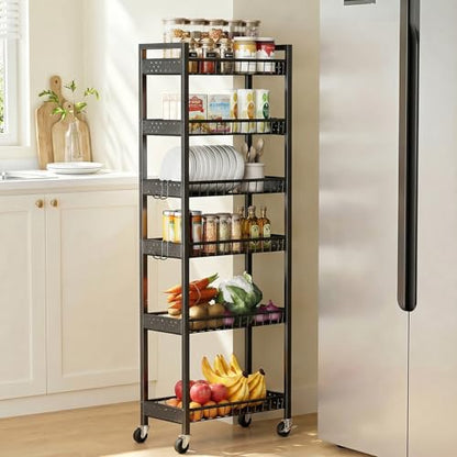 6 Tier Slim Storage Cart, Narrow Rolling Cart with Wheels, 10in(W) | Narrow Mobile Utility Shelf Unit Organizer for Kitchen, Bathroom, Laundry Room, Living Room, Small Places, Black