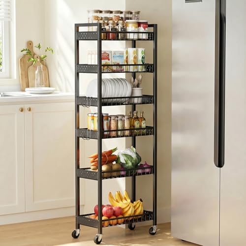 6 Tier Slim Storage Cart, Narrow Rolling Cart with... (Black | Carbon Steel)