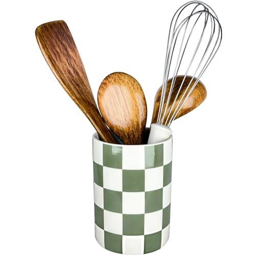 Checkered Utensil Holder, 4.13''x5.71" Utensils Ca... (Sage Green | Ceramic)