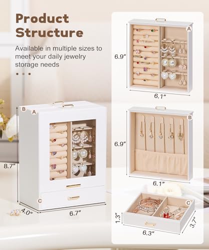Homde Display Jewelry Box for Girls: Starter Organizer with Clear Window | Vertical Drawers for Earrings Rings Necklaces - Compact Footprint Fits Small Vanities - Birthday&Graduation Gift for Teens